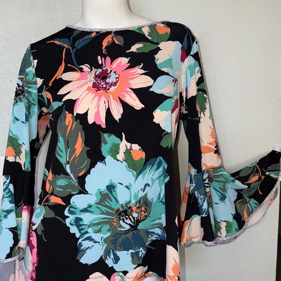 Prelude Floral Bell Sleeve Bling Rhinestone Embellished Stretch Knit Blouse Sz L - Picture 3 of 11